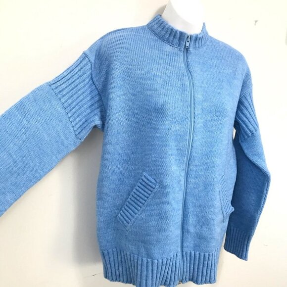 Cooper Blue Pastel Wool Blend Knit High Neck Zip Up Sweater Cardigan Women M - Picture 7 of 12